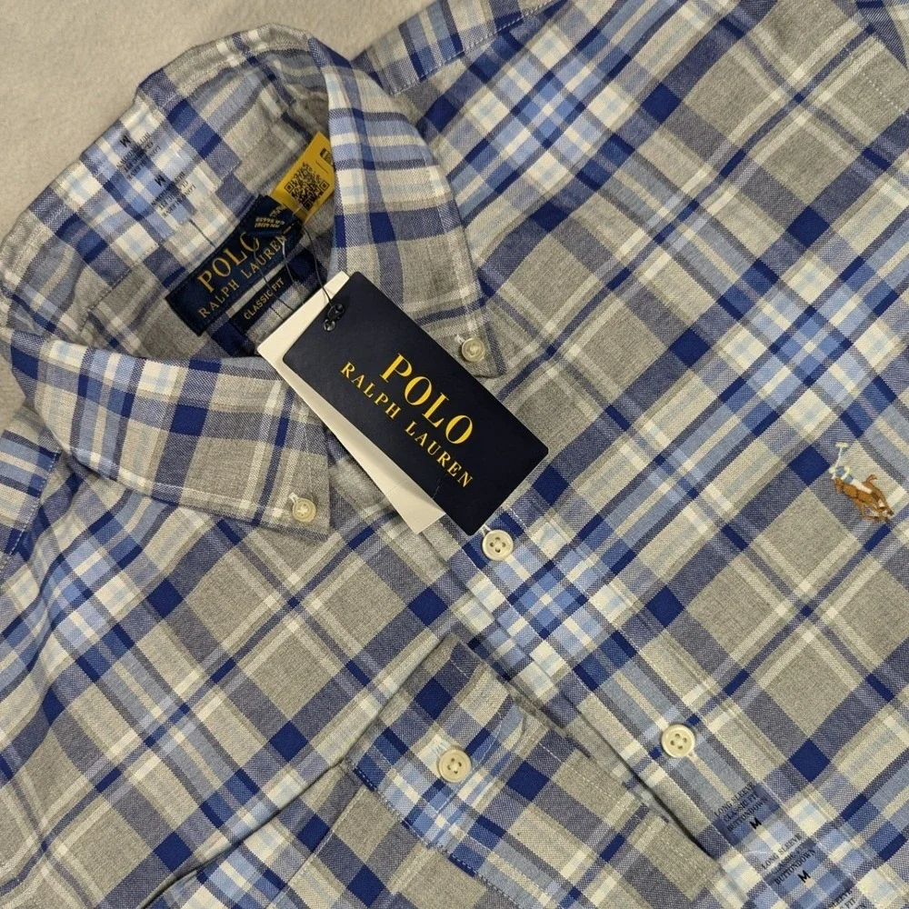 NEW Polo Ralph Lauren Mens Classic Fit Plaid Button Down Shirt Blue Grey Medium